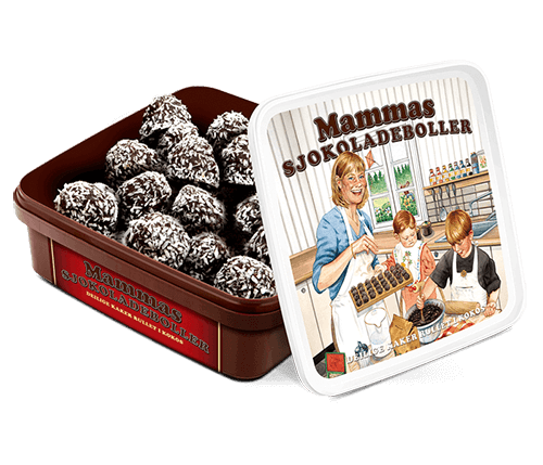 Mammas Sjokoladeboller er gode kaker med sjokoladetrekk. De deilige sjokoladebollene er rullet i kokos. Sjokoladebollene ligger i en forseglet boks.

