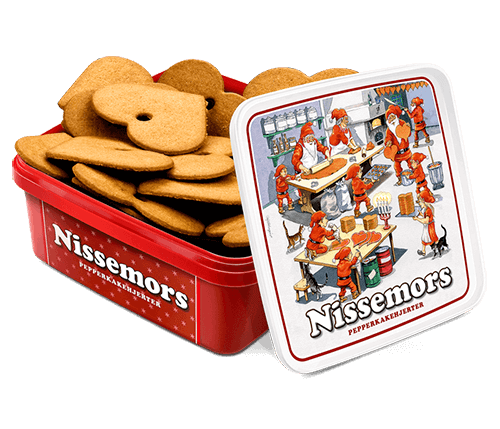 Nissemors Pepperkakehjerter er tradisjonelle hjerteformede pepperkaker. Hvert velsmakende pepperkakehjerte har et lite hull og kan henges opp som juledekorasjon. Kakene ligger i en forseglet boks. 