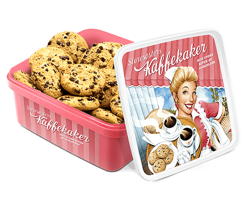 Herlige cafékaker som er fine å by på. Masse biter av ekte sjokolade gjør kaffestunden til en av dagens beste.